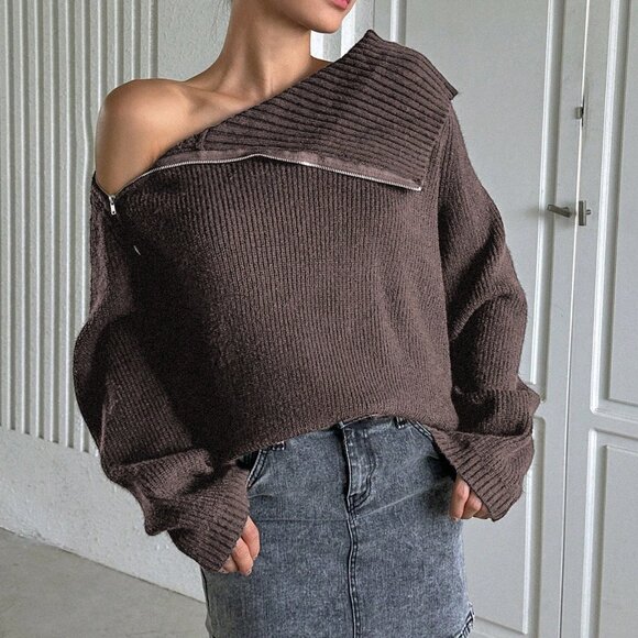 Brown Casual Women's Zipper Front Cardigan Sweater - Picture 1 of 5